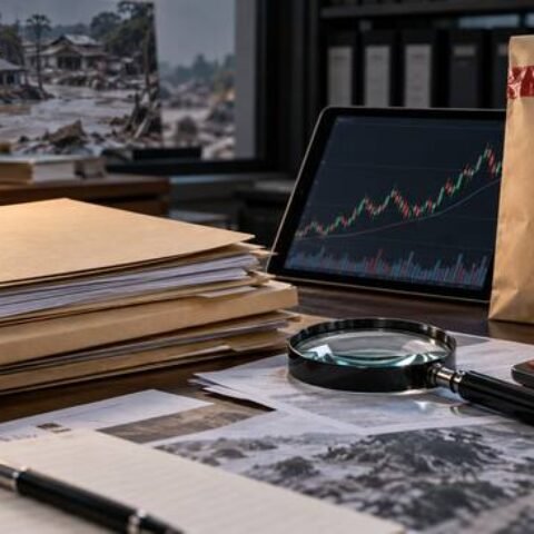 Dokumen pengadaan, kaca pembesar, kalkulator, dan grafik saham generik