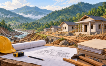 Ilustrasi pembangunan rumah dan dokumen perencanaan pemulihan pascabencana