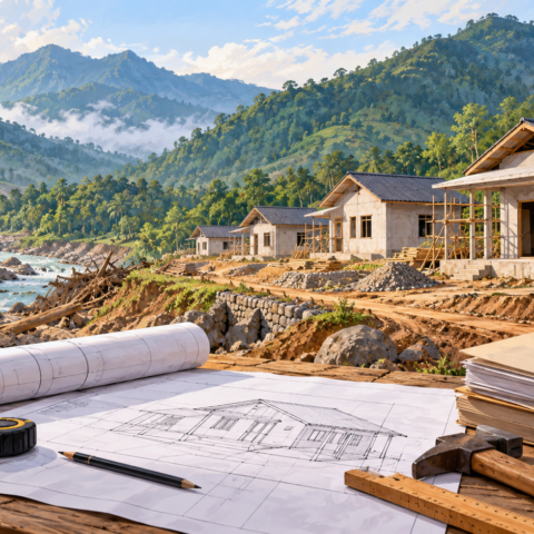 Anggaran Pemulihan Bencana Sumatera Dipastikan Tersedia hingga 2028 12 Ilustrasi pembangunan rumah dan dokumen perencanaan pemulihan pascabencana