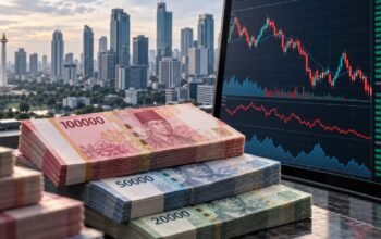 Ilustrasi uang rupiah dan layar pergerakan pasar saham Indonesia