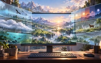 Ilustrasi komputer menampilkan konsep lingkungan virtual dengan visual dan audio
