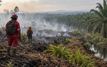 Kencana Agri Hadapi Penyelidikan Awal Karhutla, Perusahaan Klaim Api dari Luar 6 Ilustrasi petugas menangani kebakaran lahan di kawasan perkebunan