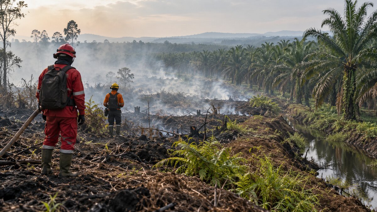Kencana Agri Hadapi Penyelidikan Awal Karhutla, Perusahaan Klaim Api dari Luar 1 Ilustrasi petugas menangani kebakaran lahan di kawasan perkebunan