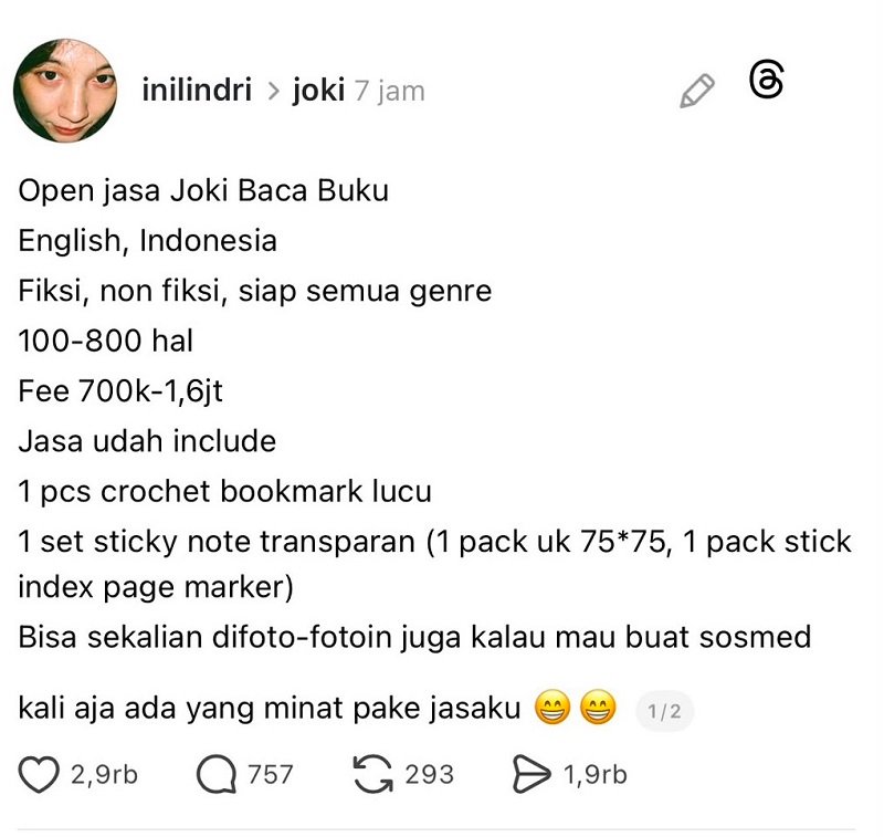 Layanan 'Joki Baca Buku' Menawarkan Bayaran hingga Rp1,6 Juta untuk Membuat Buku Terlihat Sudah Dibaca 1 Layanan 'Joki Baca Buku' Menawarkan Bayaran hingga Rp1,6 Juta untuk Membuat Buku Terlihat Sudah Dibaca