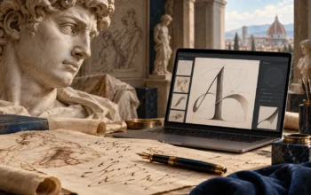 Ilustrasi AI patung bergaya Renaisans, manuskrip, dan laptop dengan rancangan tipografi.
