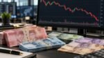Ilustrasi uang rupiah dan grafik penurunan nilai tukar